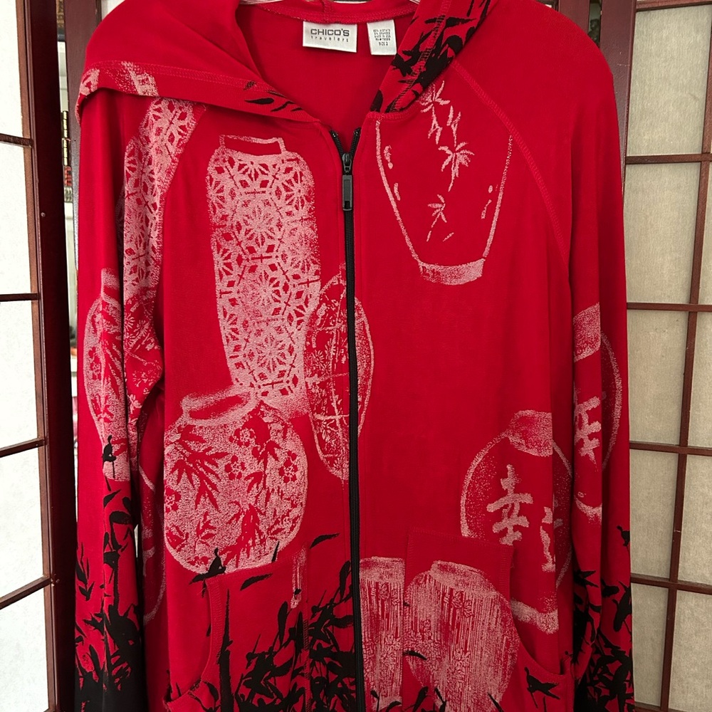 Chicos Travelers Red Zip-Up Hoodie with Asian-Inspired Print